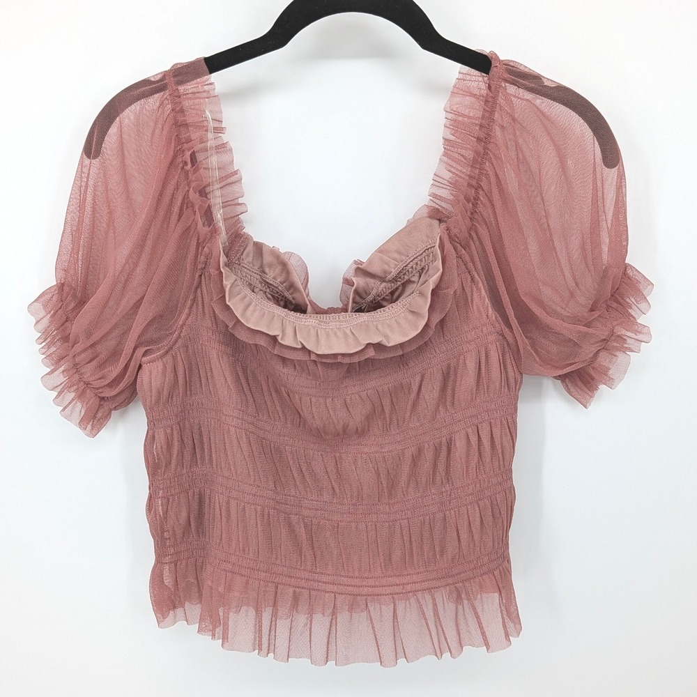 Fairycore Mesh Tulle Crop Top Womens Large Mauve Pink Smocked Ruffle Sheer NWT - Picture 2 of 10